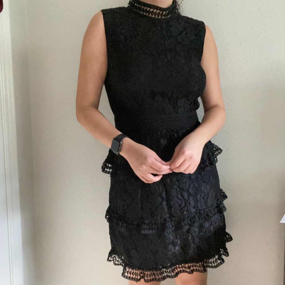 Black Floral Lace Ruffle Tiered Cocktail Dress